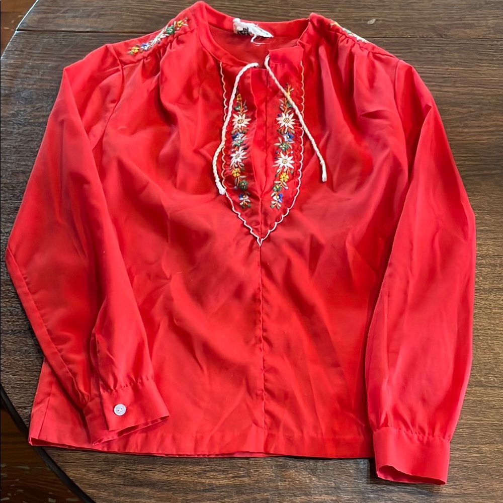 Vintage Red Blouse with Floral Embroidery